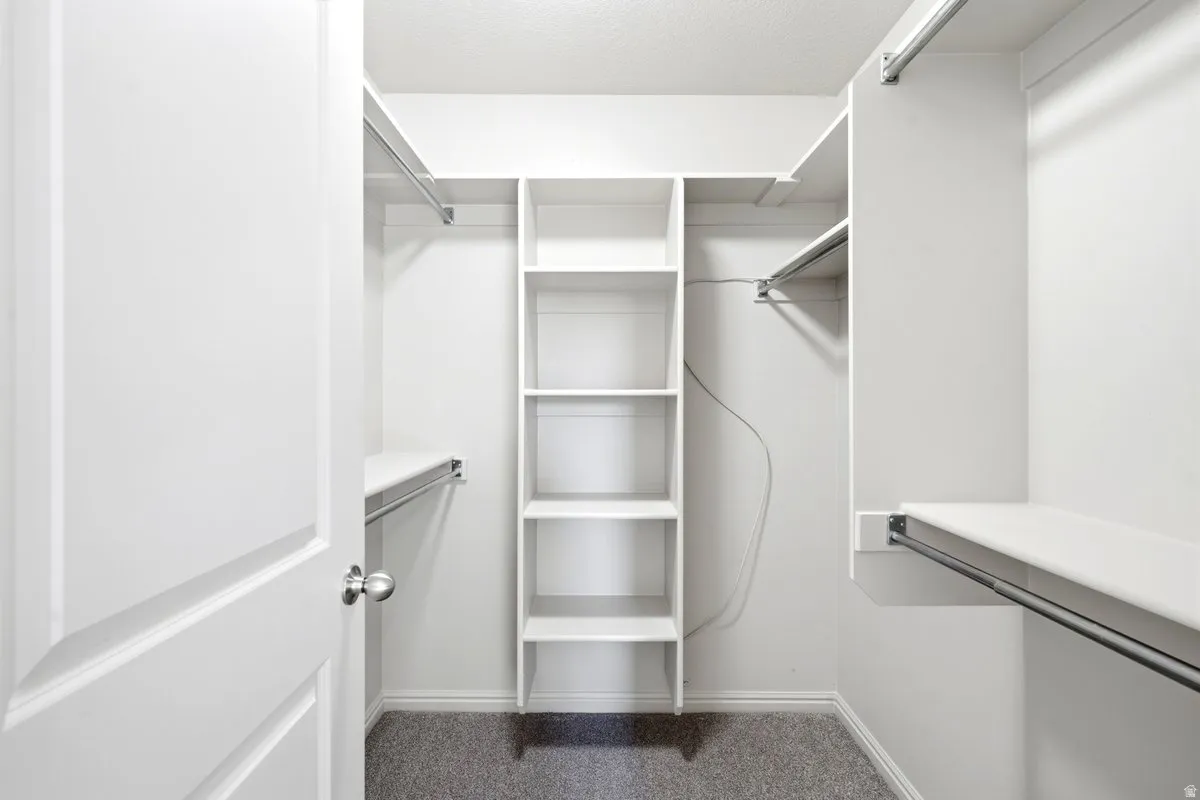 Walk-in closet featuring built-in shelving, multiple hanging rods, white trim, and light grey carpeting