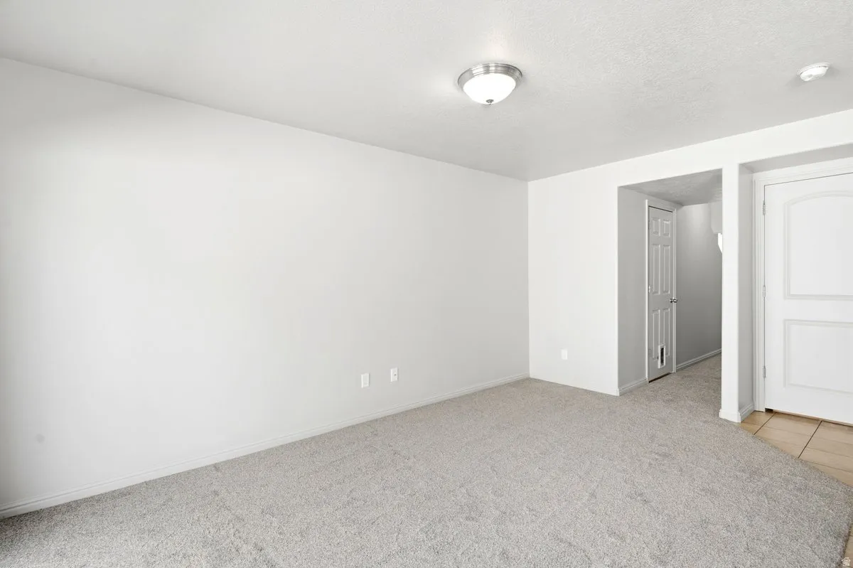 Open-concept room featuring light gray carpeting, white painted walls, a flush-mount ceiling light fixture, and white baseboards