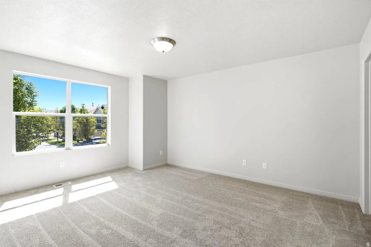 Spacious room featuring a large window, light gray carpeting, and a flush-mount ceiling light fixture