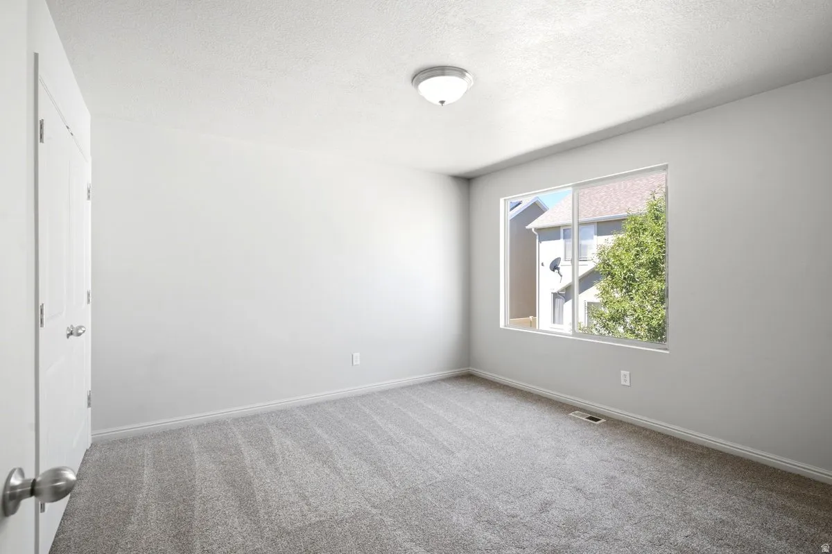 Neutral painted walls and grey carpet flooring