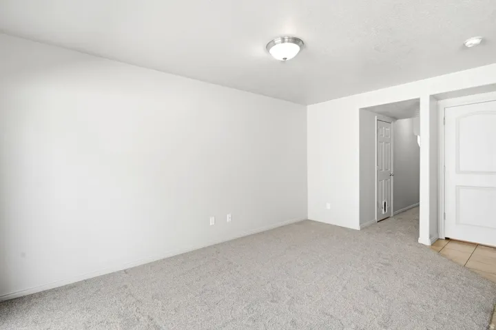 Open-concept room featuring light gray carpeting, white painted walls, a flush-mount ceiling light fixture, and white baseboards