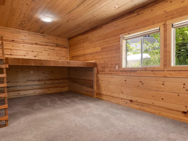 Interior room featuring wood plank wall and ceiling finishes, a built-in loft with ladder access, two rectangular windows, and neutral-toned carpeting