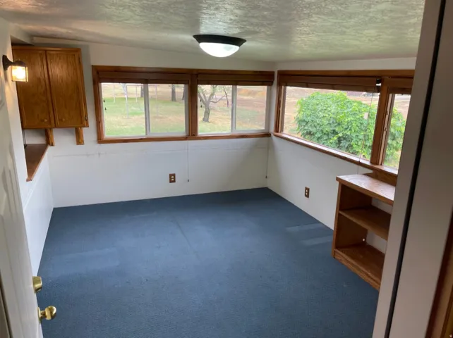 Blue carpeted room featuring multiple windows with wood trim, built-in shelving, and upper cabinetry