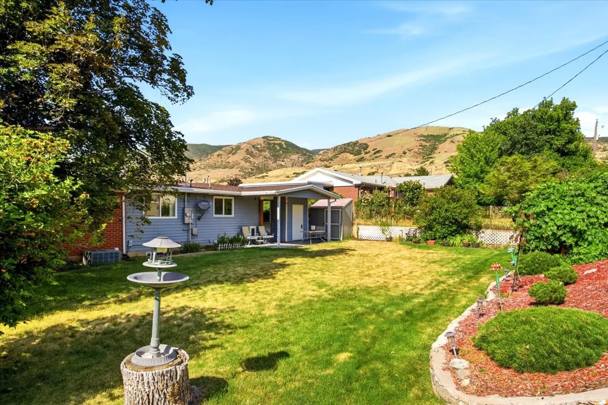 Comfy quiet backyard with a grass lawn, mature trees, and tiered landscaping