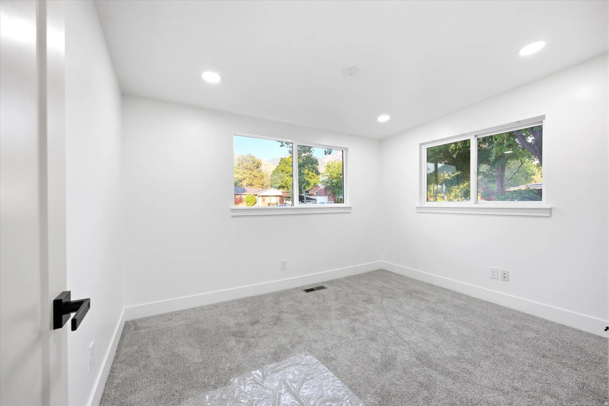 Light-filled room featuring plush gray carpeting, white painted walls, and recessed lighting