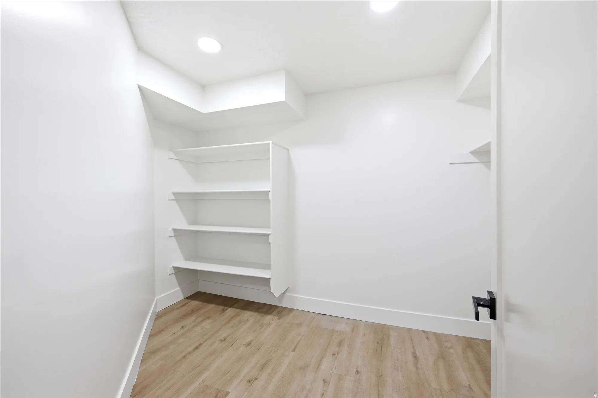 Dedicated storage room featuring wood-finish flooring and recessed lighting