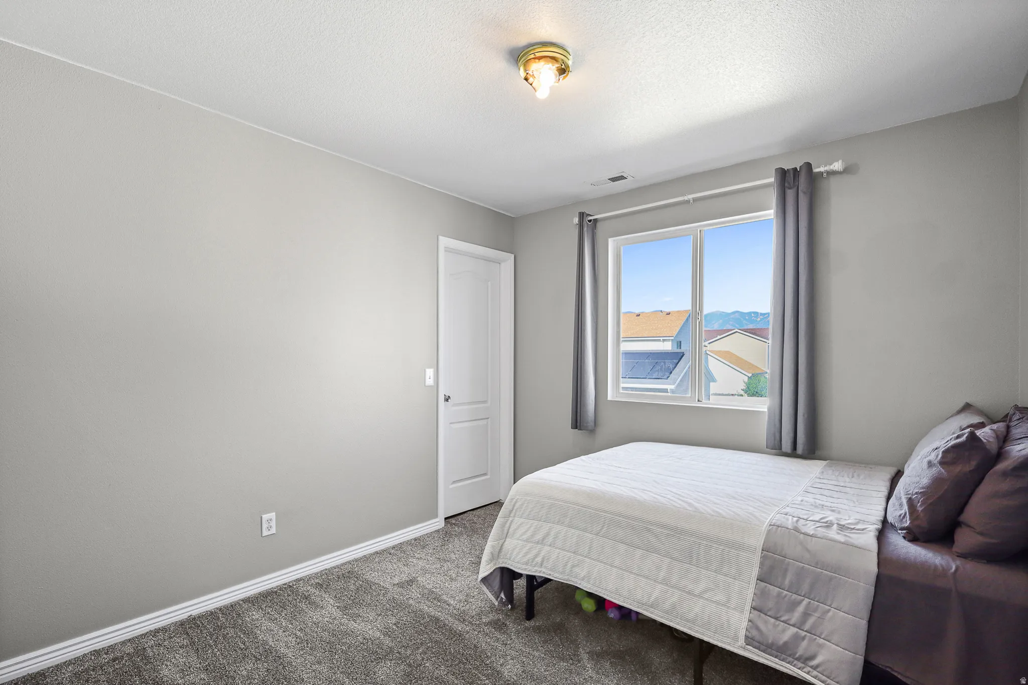 Carpeted interior space featuring light grey walls, a white paneled door, a window with grey curtains, and white trim