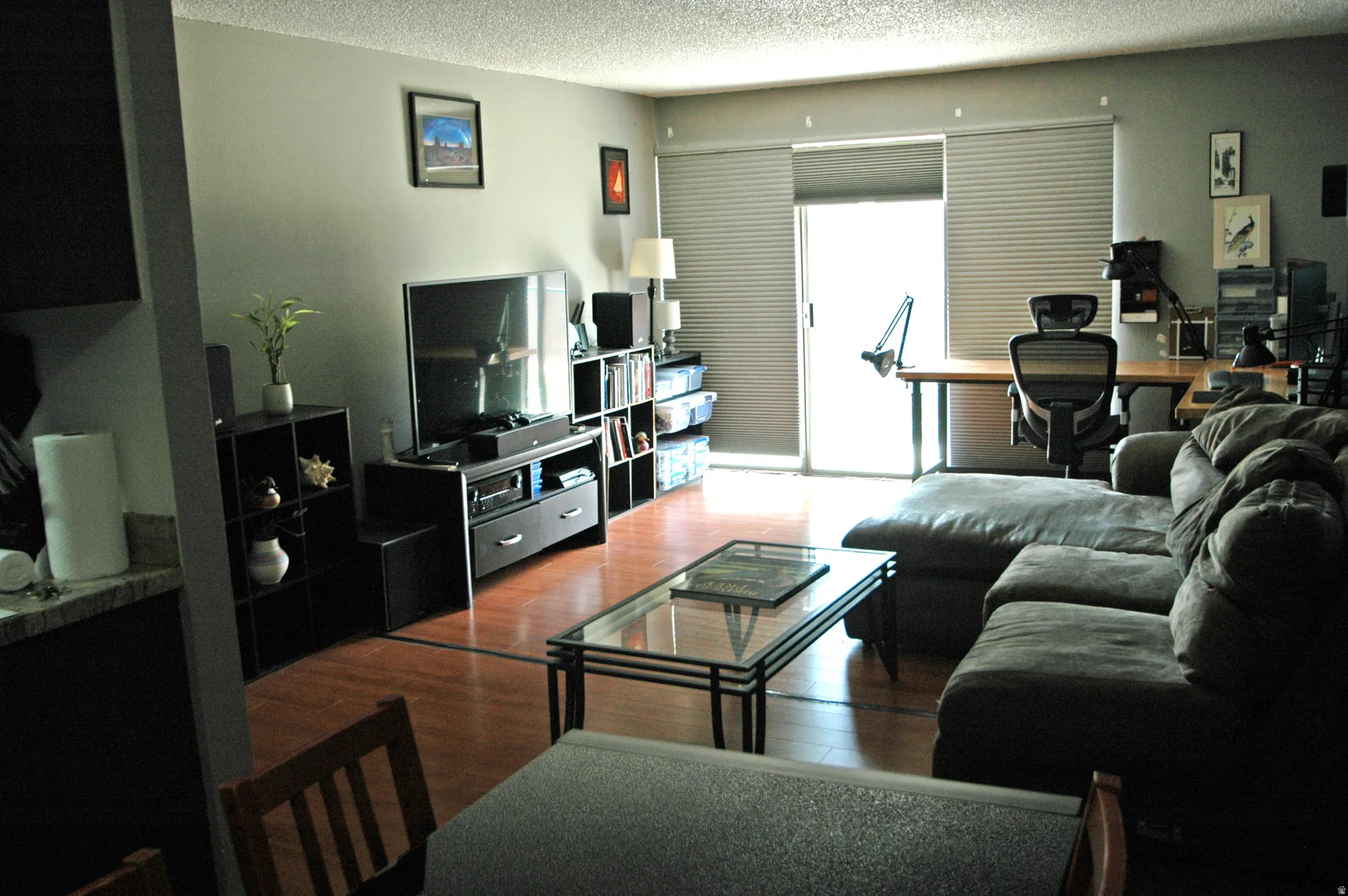 Living area featuring wood-finish flooring, light grey wall paint, and a sliding glass door with horizontal blinds