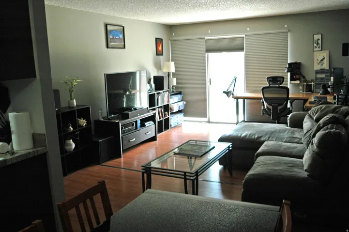 Living area featuring wood-finish flooring, light grey wall paint, and a sliding glass door with horizontal blinds