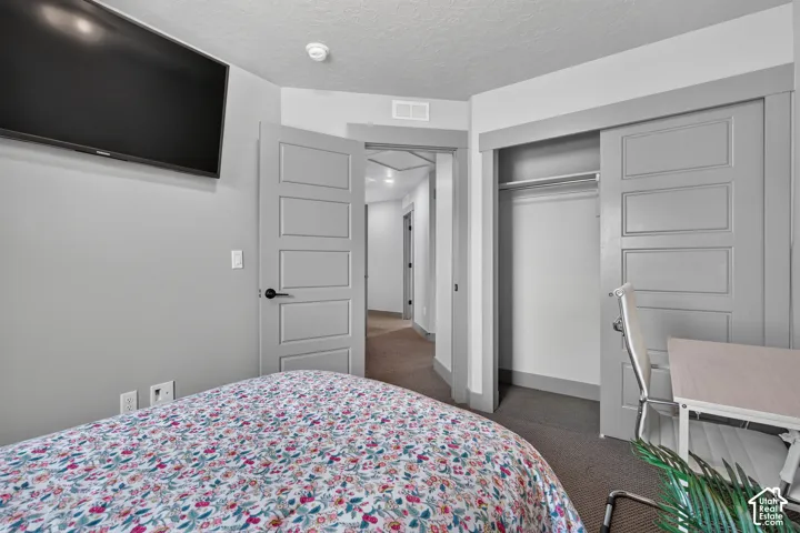 Large guest bedroom, gray five-panel interior door, and gray sliding barn door