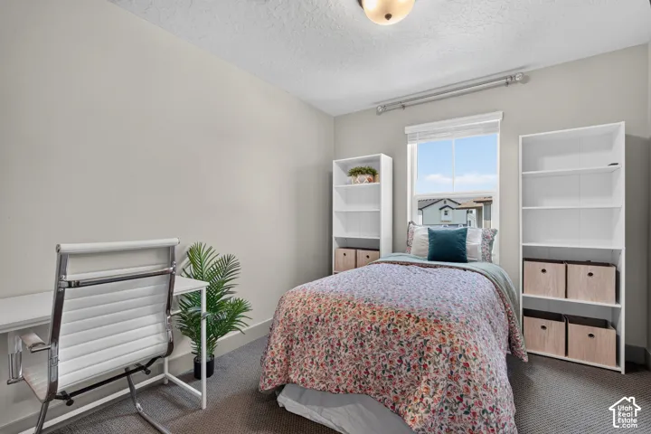 Recessed window with blinds, overhead light fixture, and textured carpet flooring