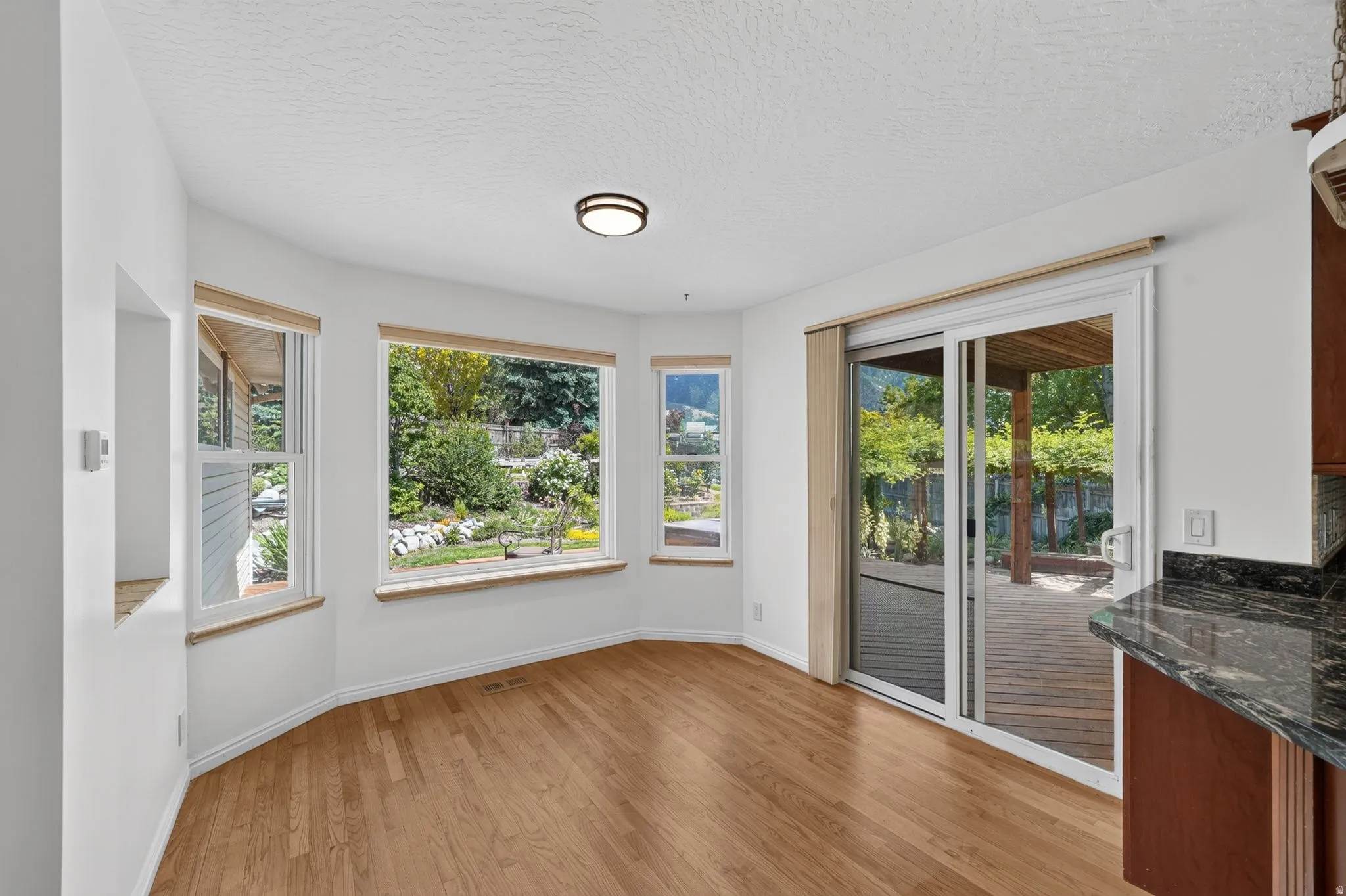 Hardwood-finish flooring throughout, featuring a bay window design with multiple large windows, a ceiling-mounted light fixture, and a sliding glass door providing access to an outdoor deck