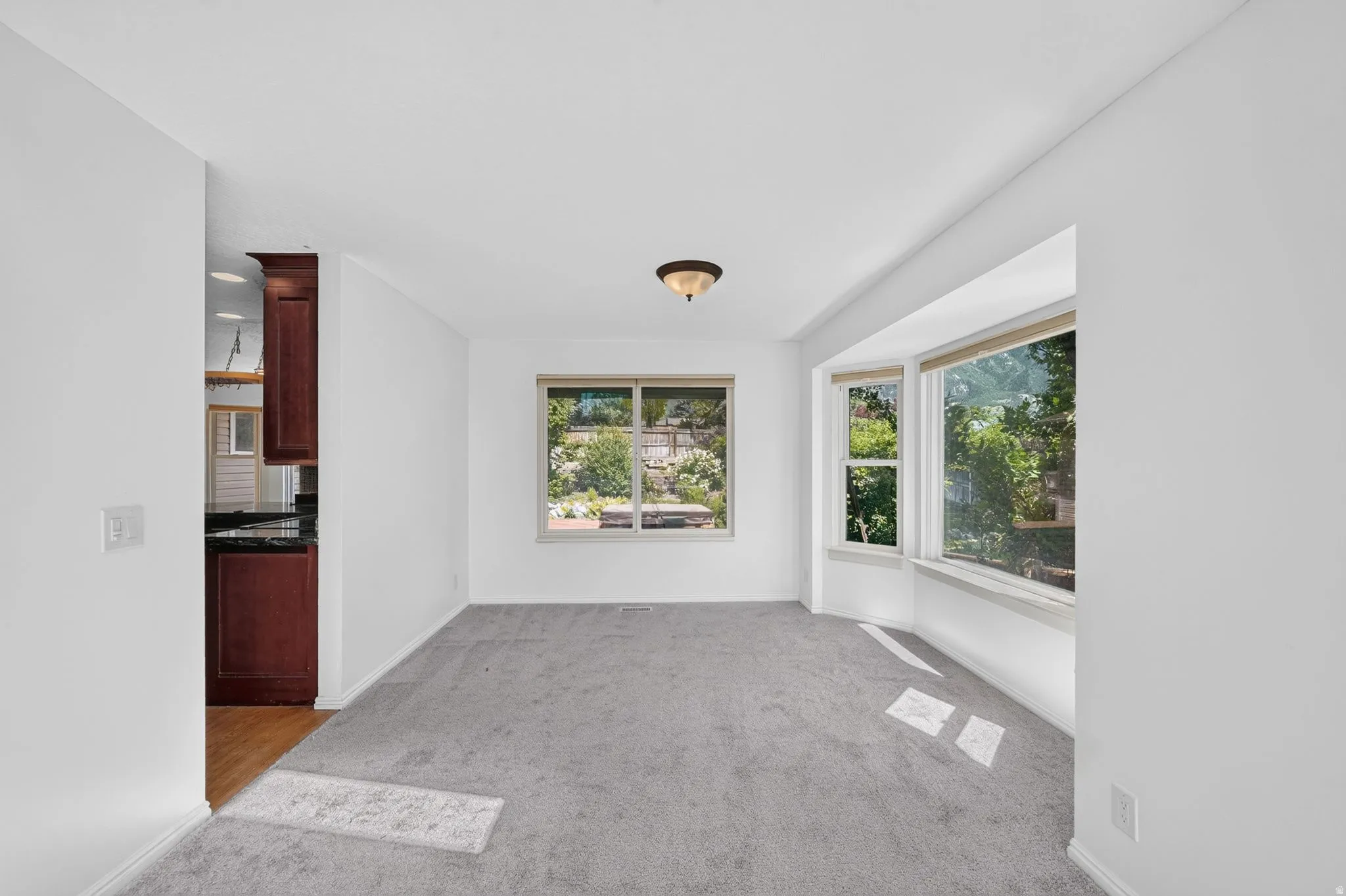 Carpeted interior space featuring a bay window, additional window, and a ceiling-mounted light fixture