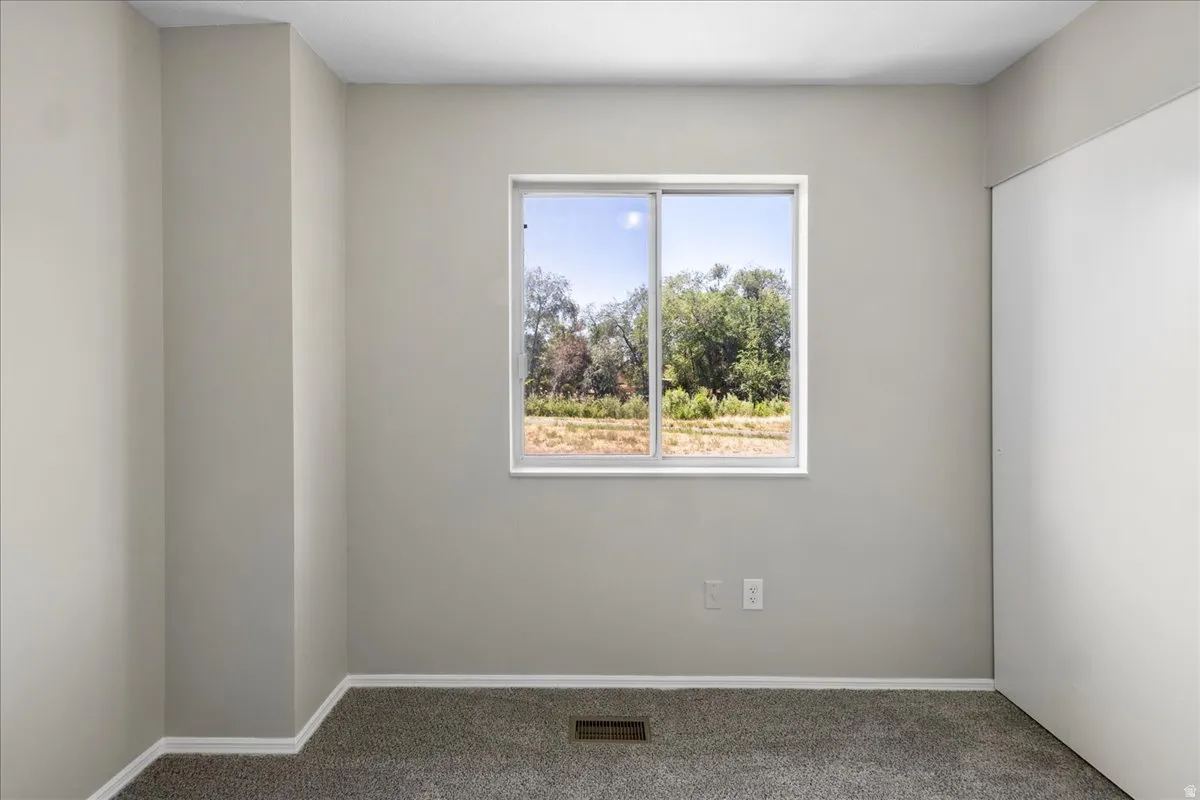 Light gray painted interior room featuring a white-framed window, carpeted flooring, and white baseboards