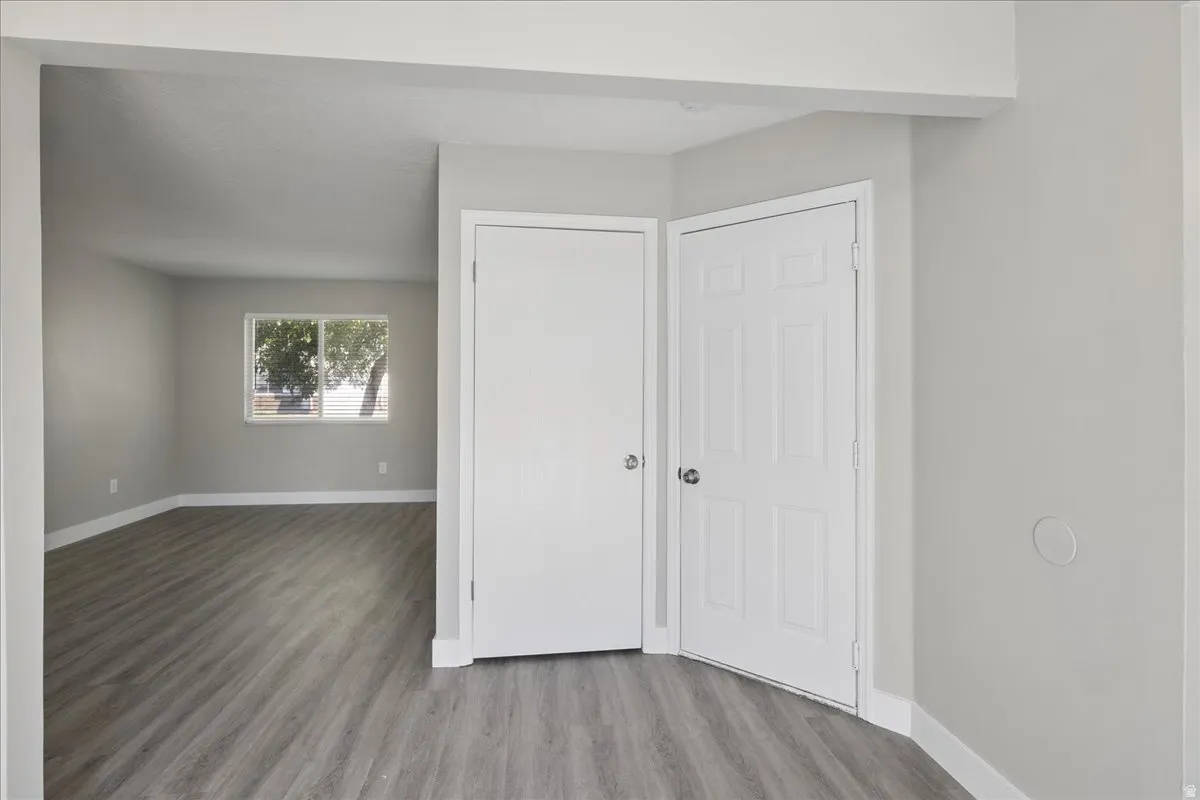 Interior space featuring neutral gray walls, wood-finish flooring, white baseboards, and two white panel doors