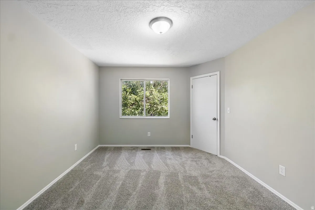 Carpeted room featuring a white interior door, a double window, and neutral wall paint