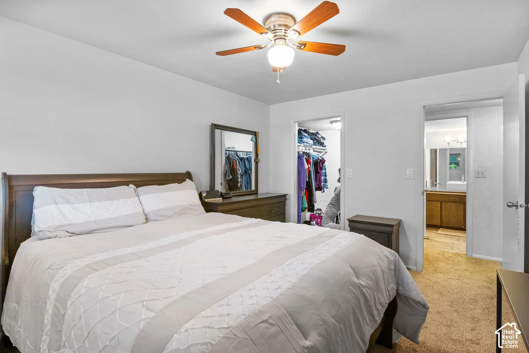 Bedroom featuring a ceiling fan with integrated lighting, a walk-in closet with shelving, and carpet flooring