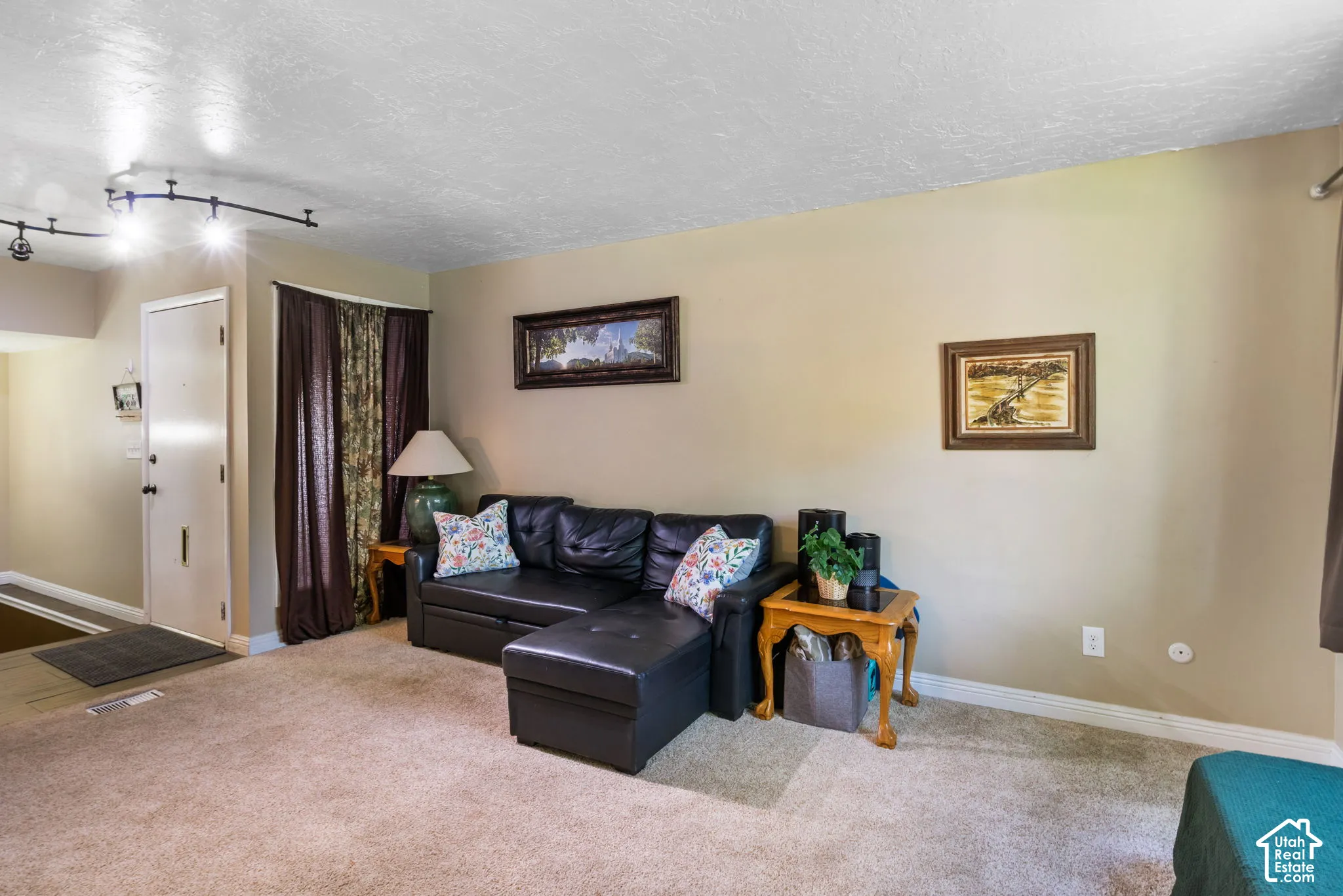 Carpeted living area featuring track lighting, a neutral wall color, and a white entry door with dark hardware