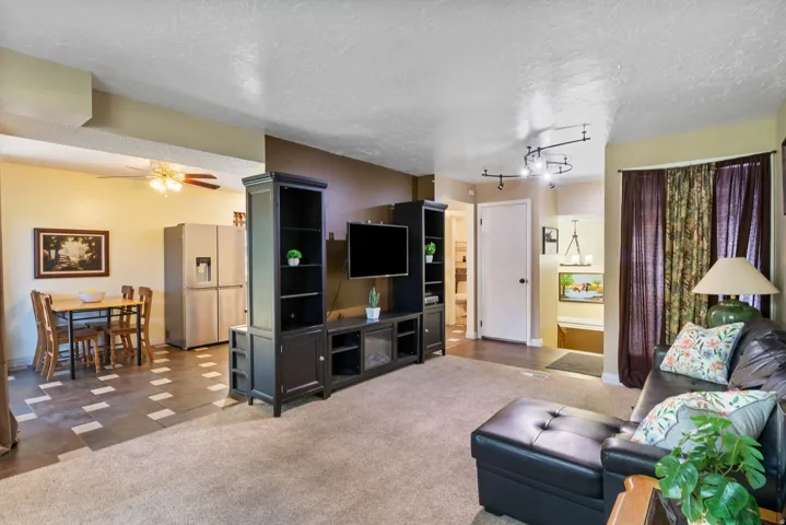 Open-concept living space featuring textured carpet, track lighting, and a neutral color palette
