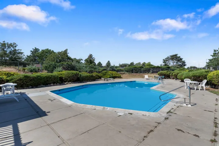 Expansive outdoor swimming pool with concrete decking and perimeter landscaping