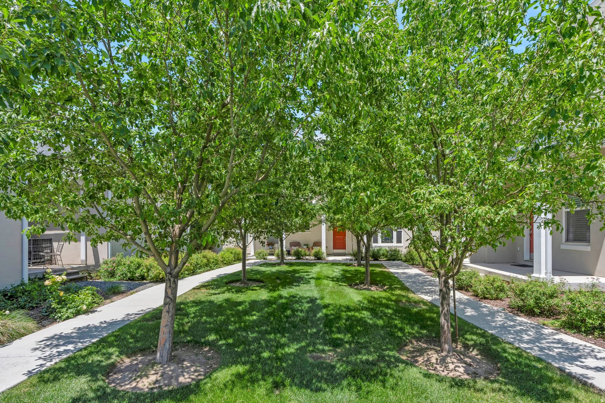 Central green space featuring mature trees and manicured lawns, bordered by concrete pathways
