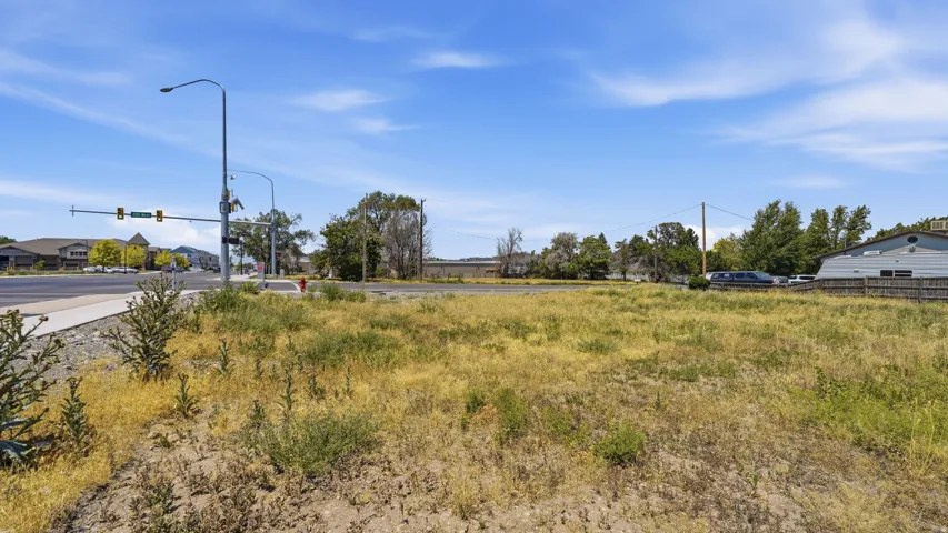 Expansive undeveloped lot featuring diverse ground cover and a clear blue sky