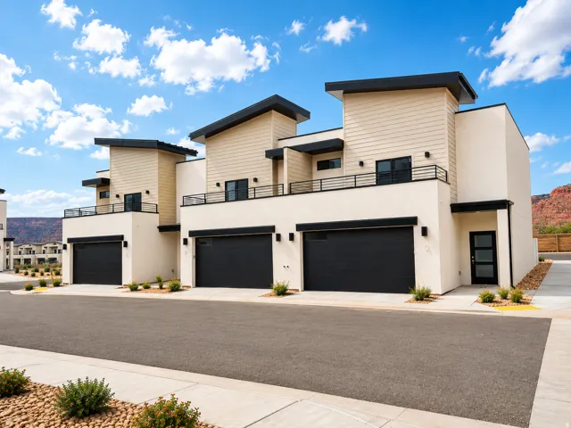 Modern townhome exteriors featuring light-colored stucco and horizontal siding