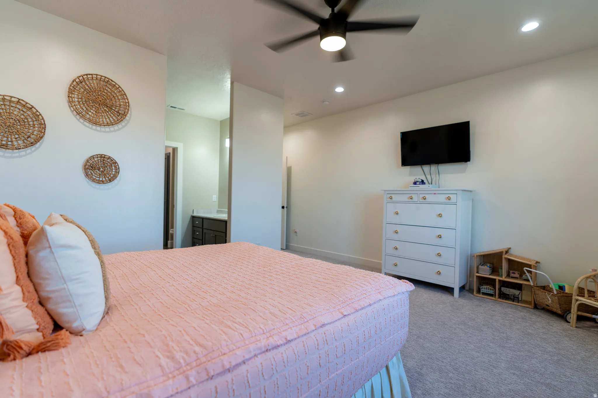 Bedroom with recessed lighting, ceiling fan, and carpet flooring