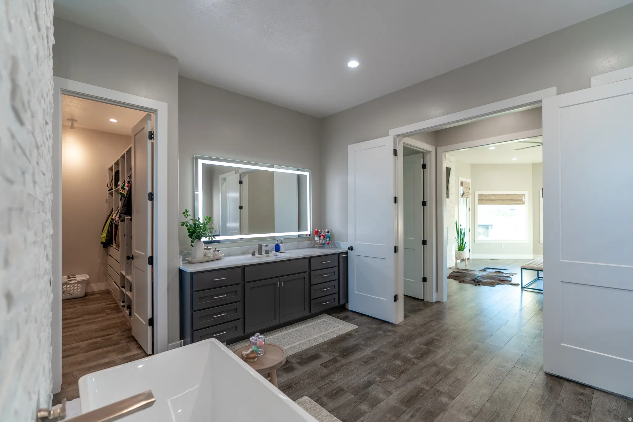 Modern bathroom featuring a freestanding tub, wood-finish flooring, a double vanity with dark cabinetry, an illuminated mirror, and a walk-in closet with built-in shelving