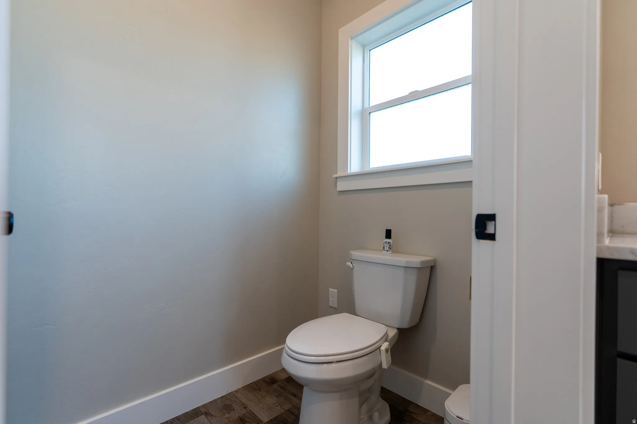Bathroom with a single-pane window, wood-finish flooring, and a white toilet