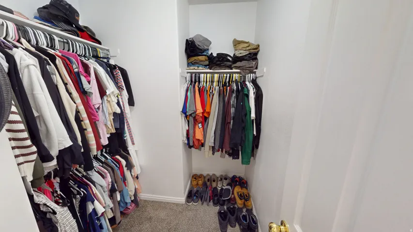 Walk-in closet featuring carpet flooring, built-in shelving, and multiple hanging rods for organization