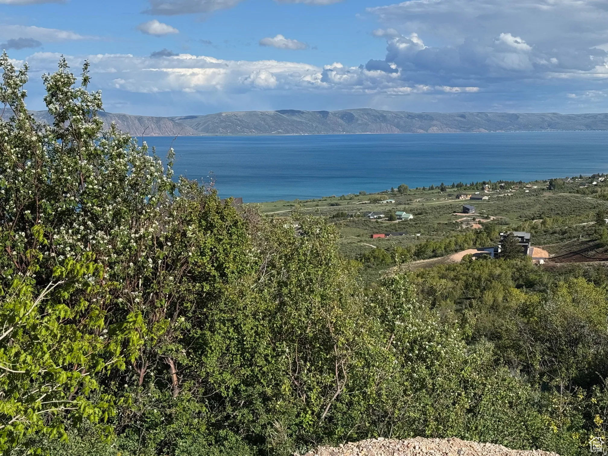 Expansive distant lake and mountain scenery from a verdant hillside with scattered residences