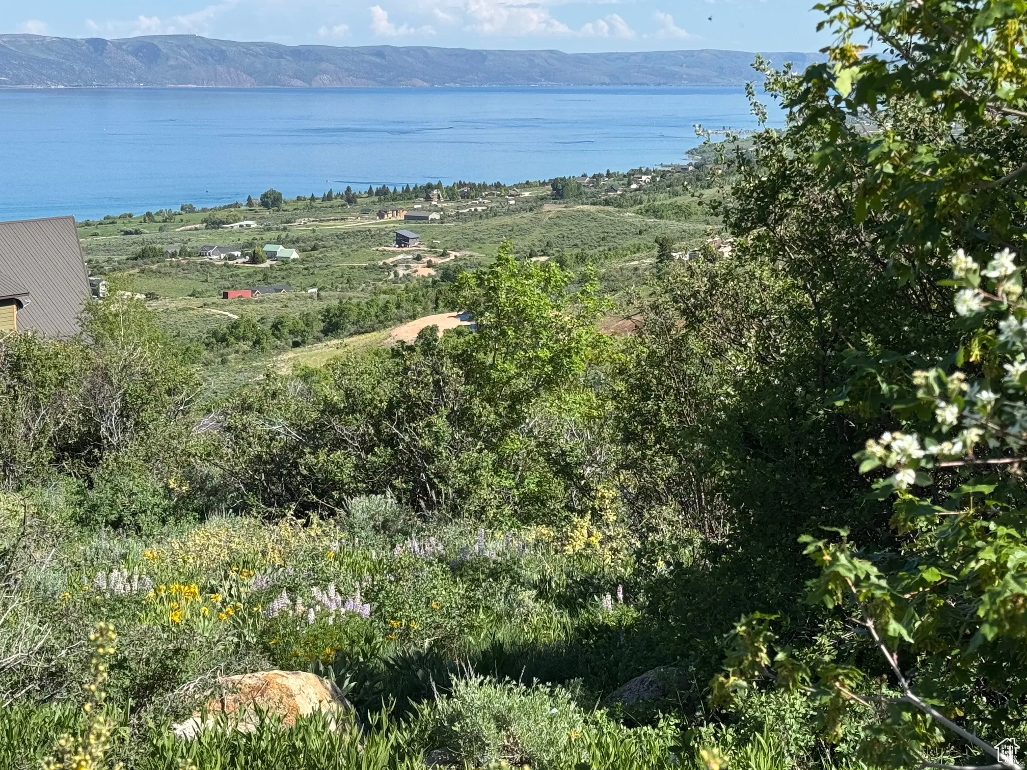 Expansive hillside setting featuring a large body of water, distant mountain range, and a verdant landscape