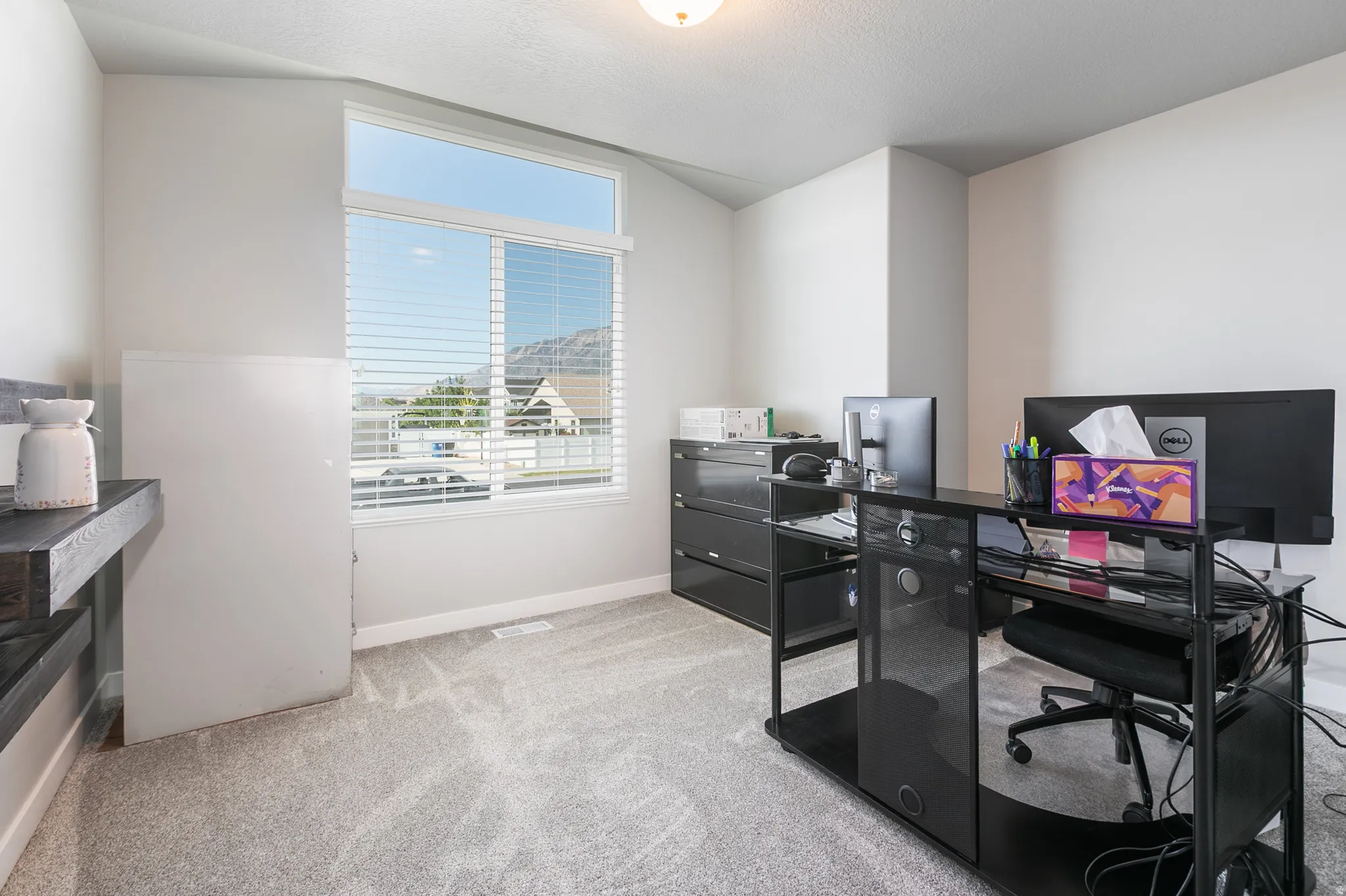 Carpeted room featuring a large window with blinds and a mountain backdrop