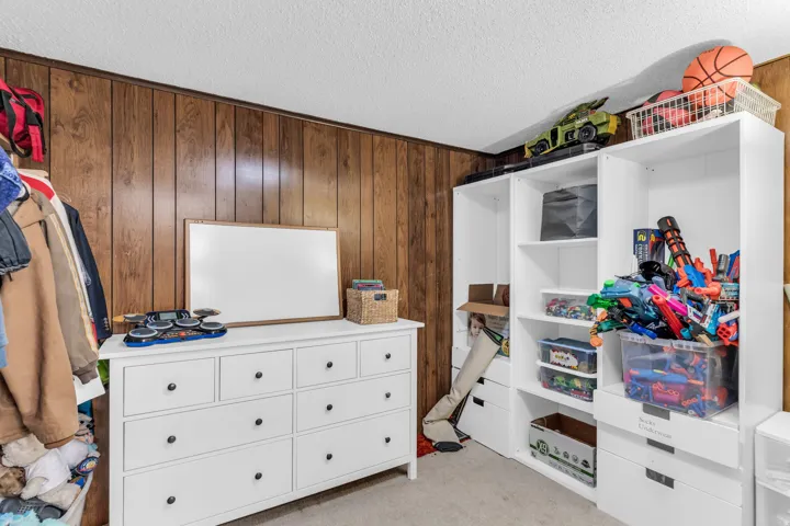 Wood-paneled wall accenting a room with white built-in shelving units, white storage drawers, and light-colored carpeting