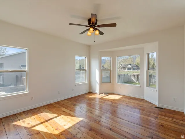 Spacious primary suite featuring wood-finish flooring, a ceiling fan with light fixture, and multiple windows