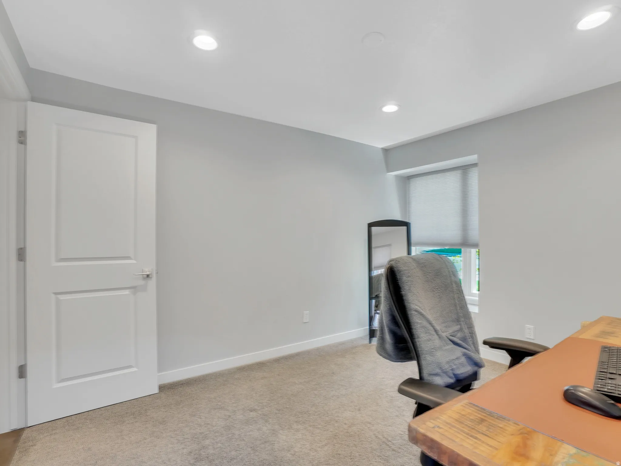 Light-colored wall paint in a neutral tone complements the plush carpet flooring