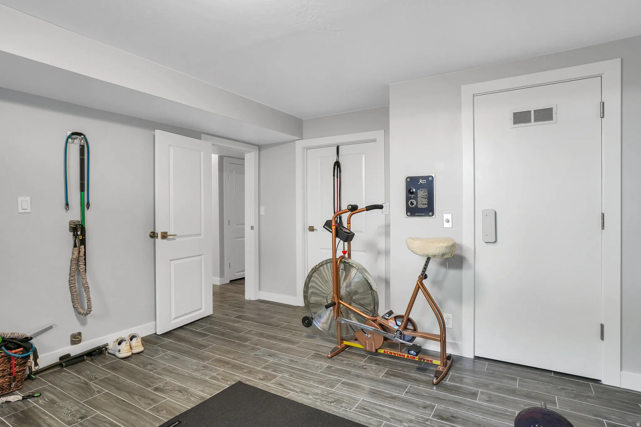 Versatile interior space featuring wood-finish flooring, light grey walls, and white trim