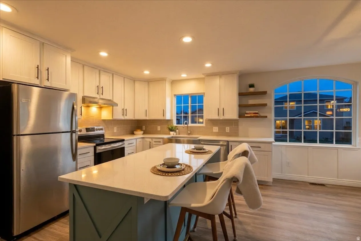 Spacious kitchen featuring an extended island with a light-toned countertop, ample white cabinetry, stainless steel appliances, and wood-finish flooring