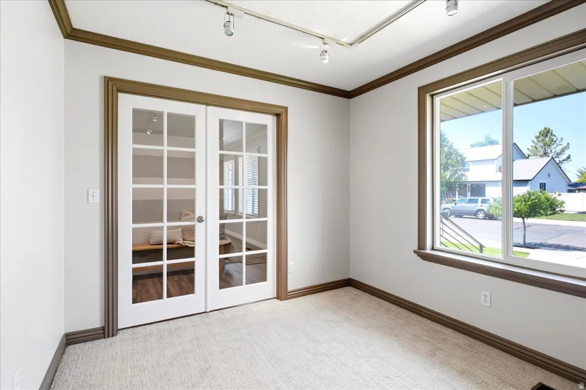 Room featuring French doors with glass panes, a large window, light-colored carpet, and track lighting
