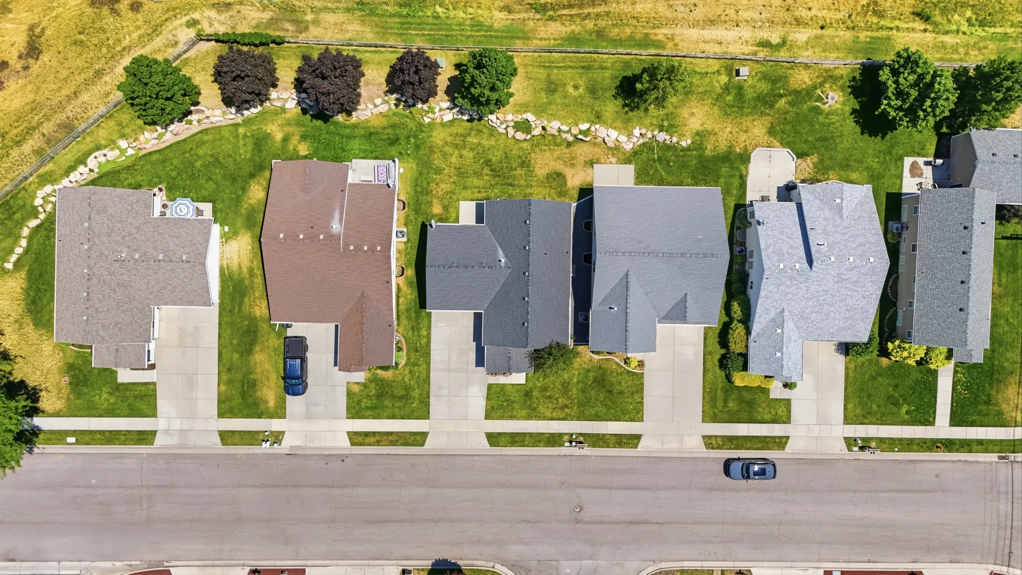 Residential street featuring multiple single-family homes with pitched roofs and concrete driveways