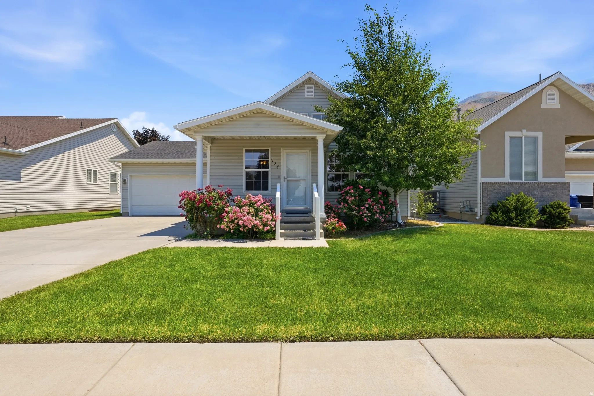 Front exterior featuring a covered entry porch, established landscaping with flowering shrubs, a mature tree, and a paved driveway leading to an attached garage