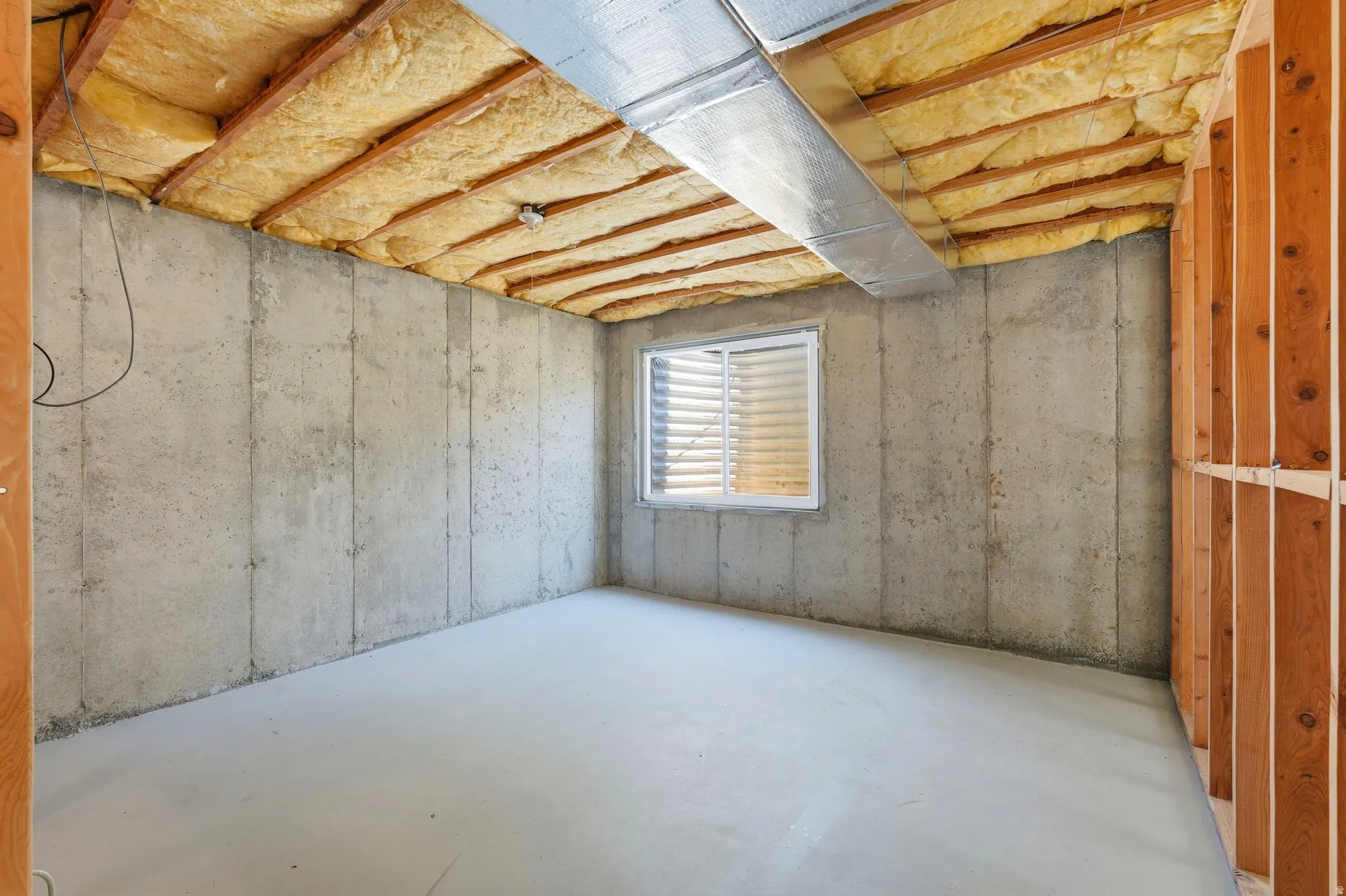 Unfinished basement space featuring concrete walls, a concrete floor, and exposed ceiling insulation