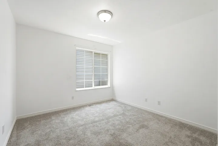 Carpeted room with white walls, a white-framed window with blinds, and a flush-mount ceiling light fixture