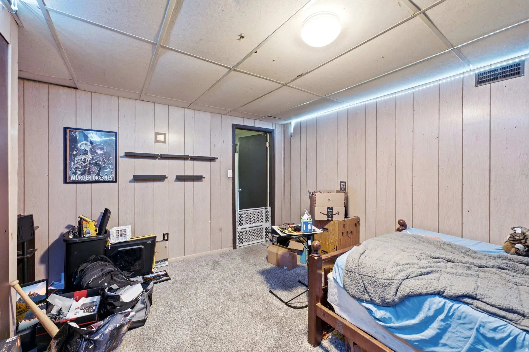 Paneling walls with mounted shelves, overhead lighting, and carpet flooring