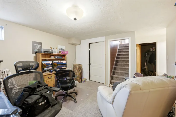 Versatile room featuring light-toned walls, carpeted flooring, and a flush mount ceiling light fixture