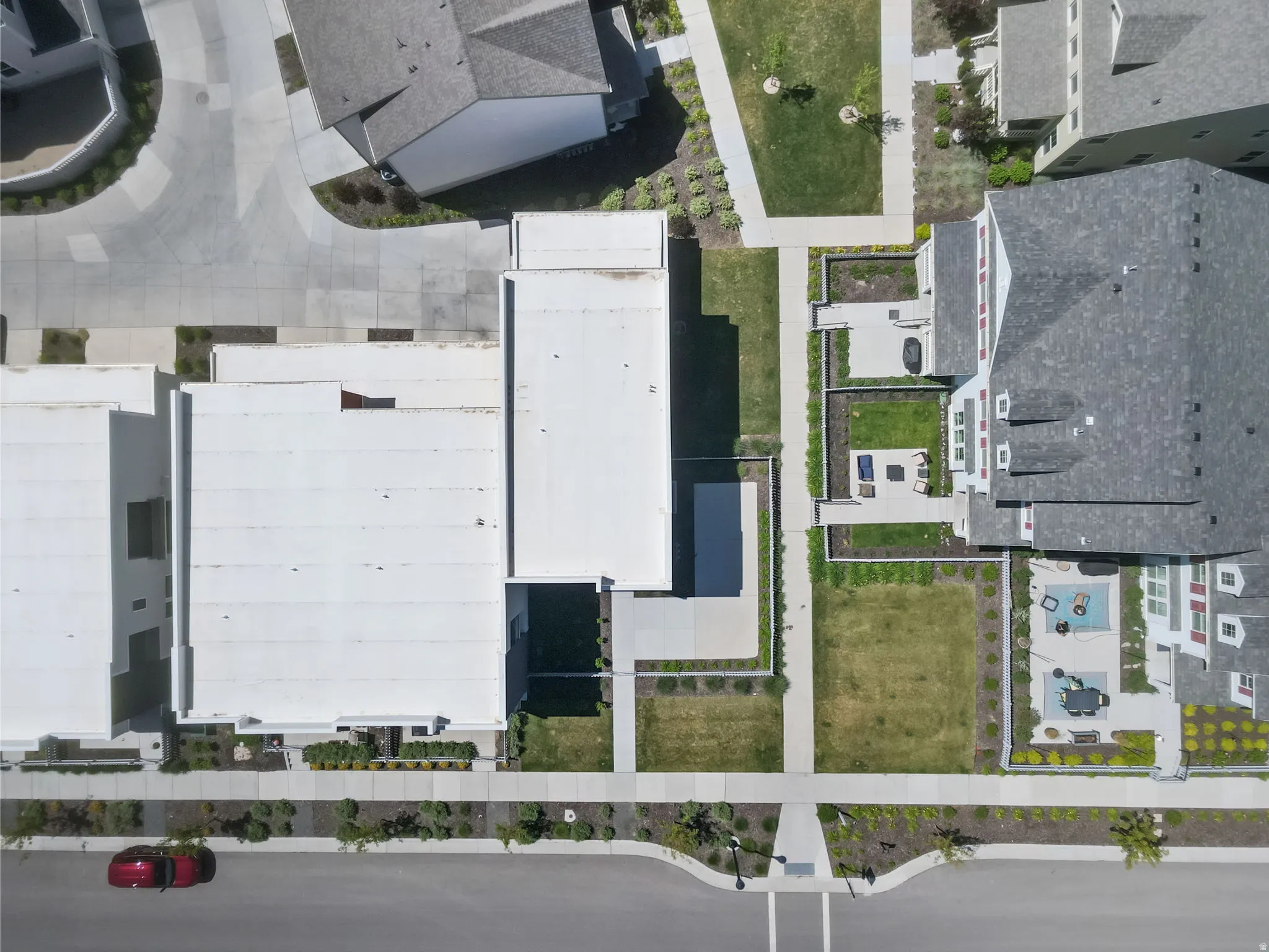Aerial view showcasing a community with varied architectural styles