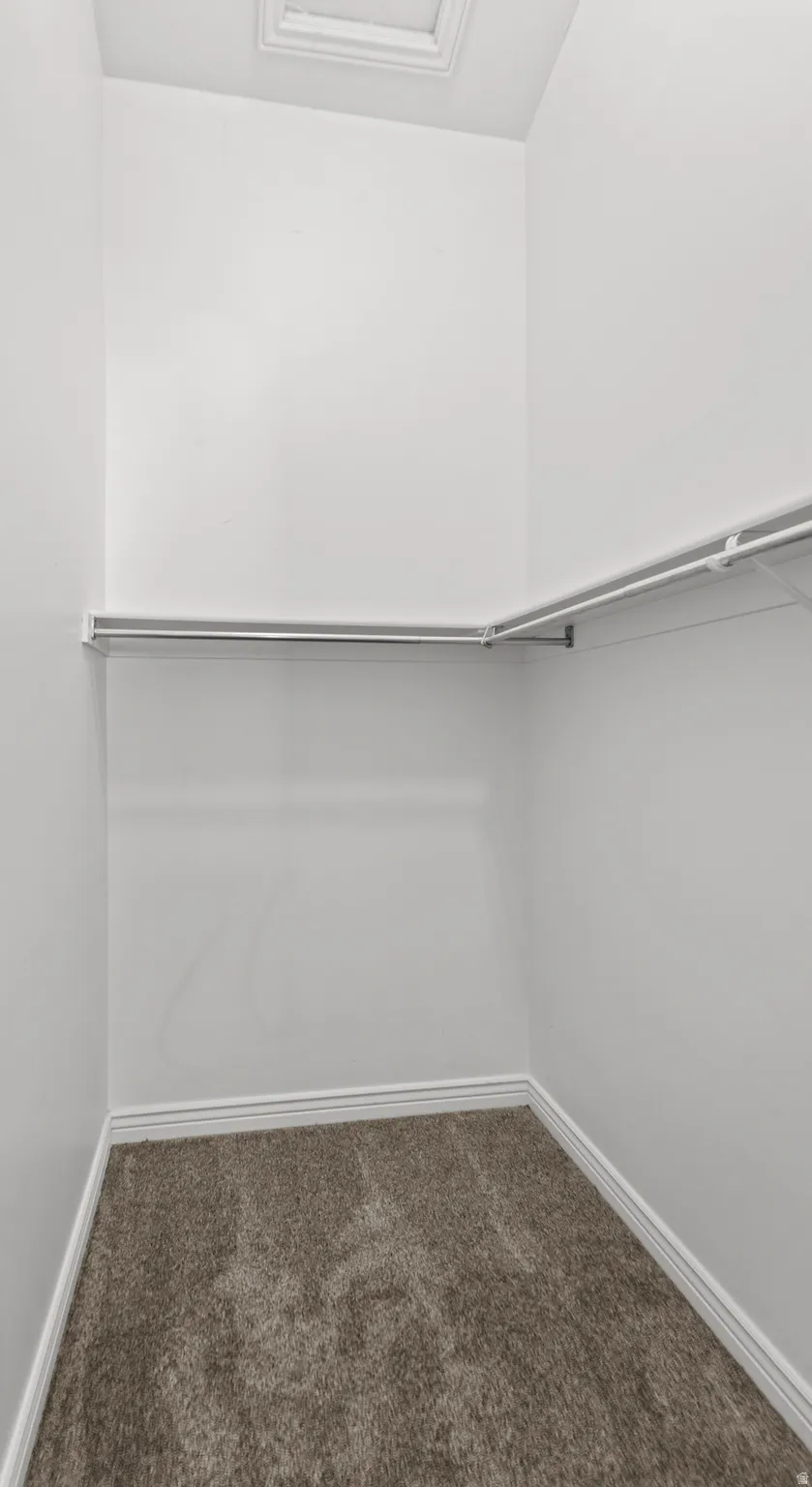 Carpeted interior closet featuring white walls, white trim, overhead access panel, and a metal hanging rod with an adjacent white wire shelf