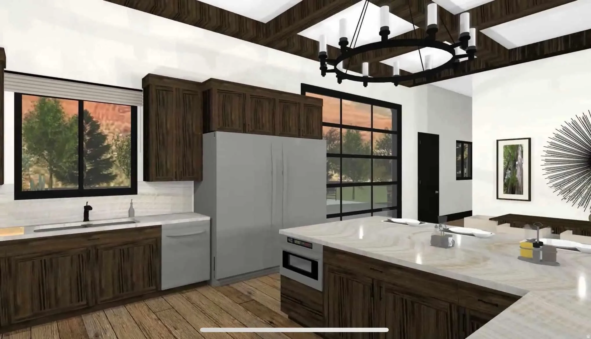 Gourmet kitchen featuring a large central island with integrated microwave, wood-finish cabinetry, stainless steel appliances, and wood-finish flooring
