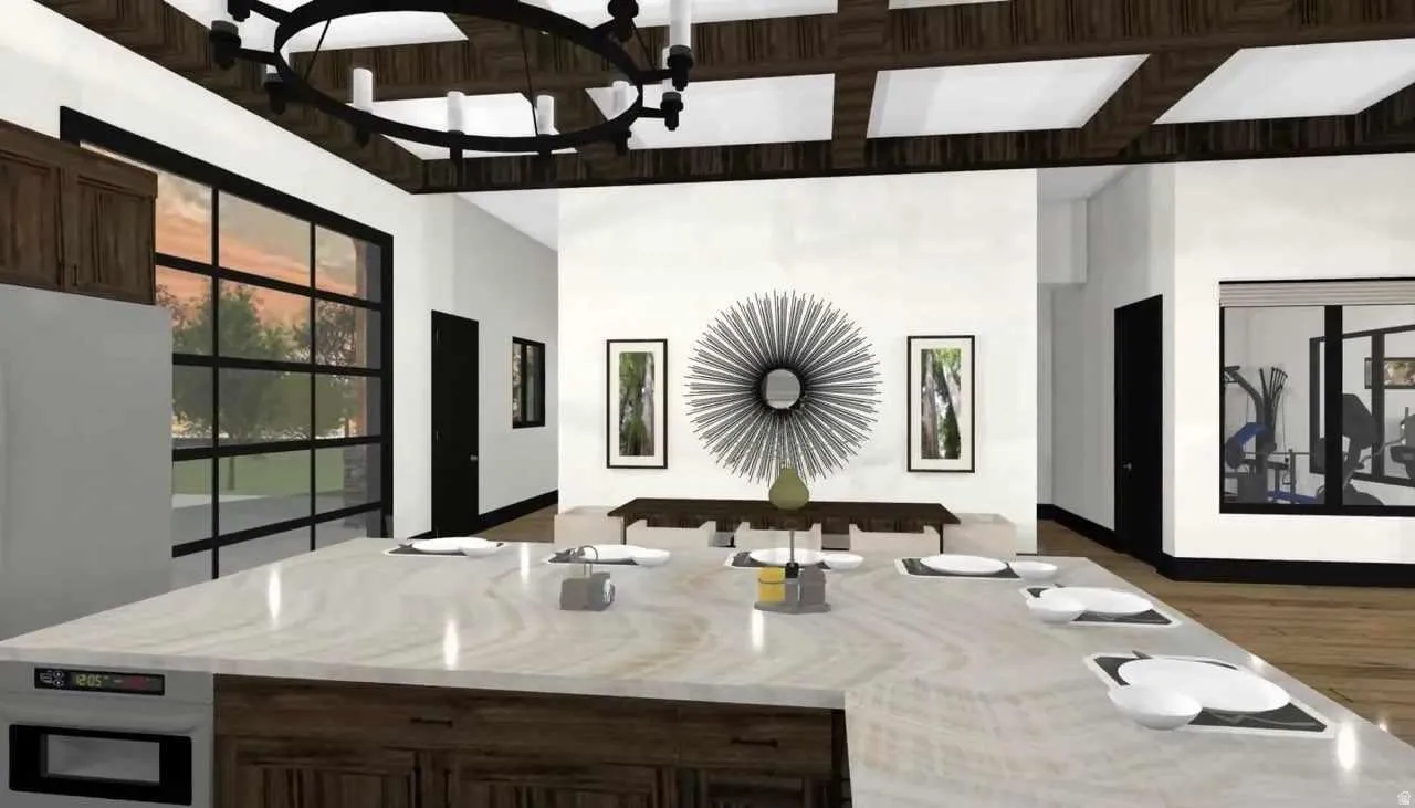 Spacious kitchen island featuring a light-toned countertop and integrated appliances